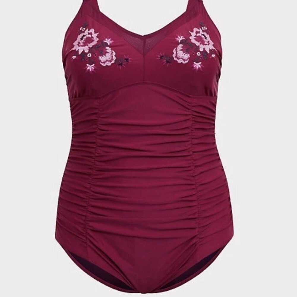 Torrid Burgundy Embroidered Ruched One-Piece Swimsuit – Size 0 (L)